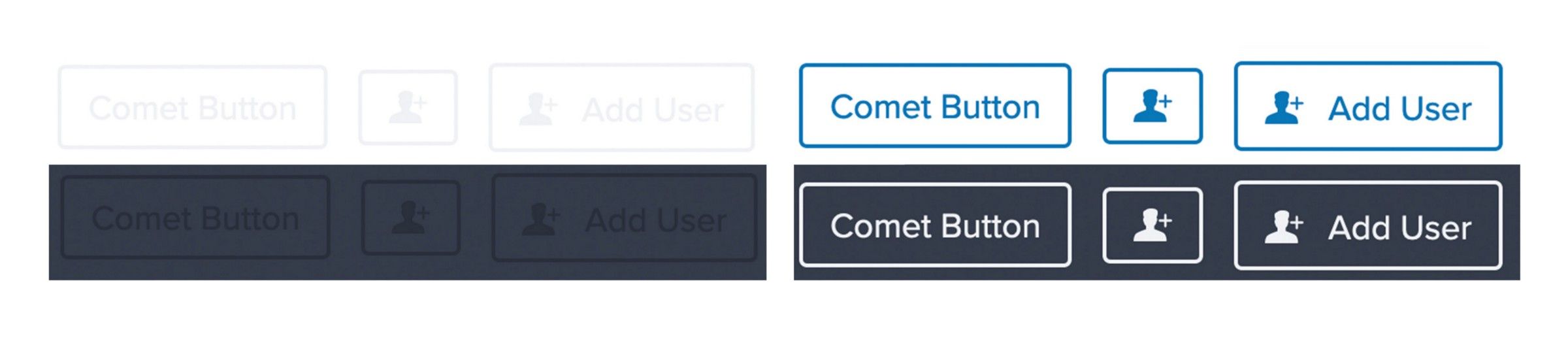 Left: Light and Dark ghost buttons on White and Dark backgrounds | Right: Primary and Light Ghost buttons on White and Dark backgrounds