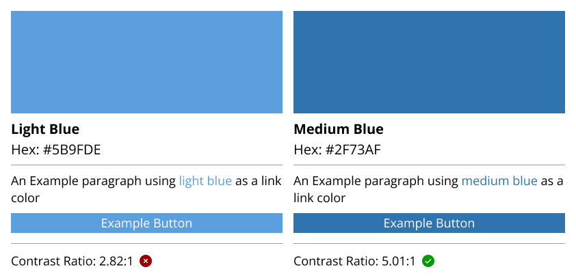 Example of two blue hex values and their contrast ratios against white. One failing and one passing.