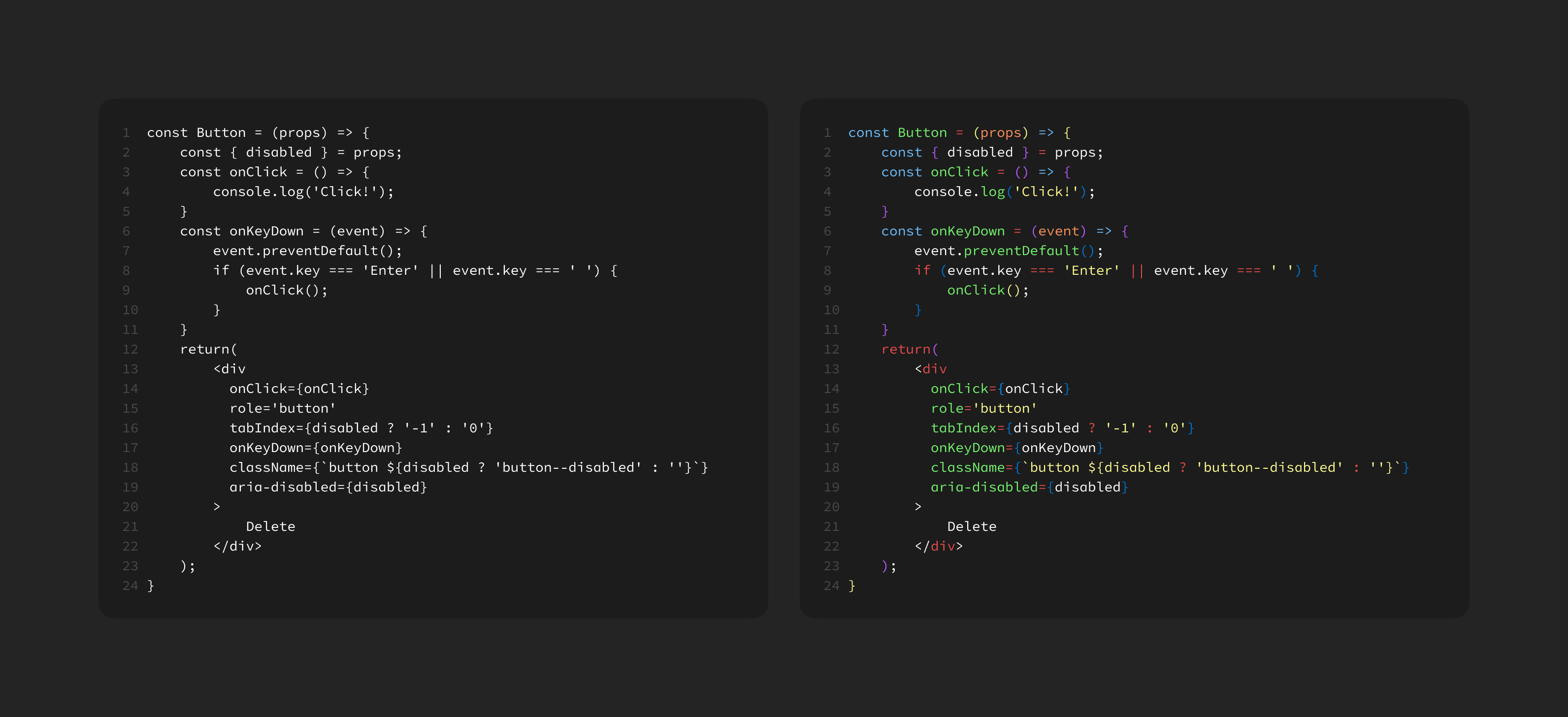 The same code snippet side-by-side with and without syntax highlighting