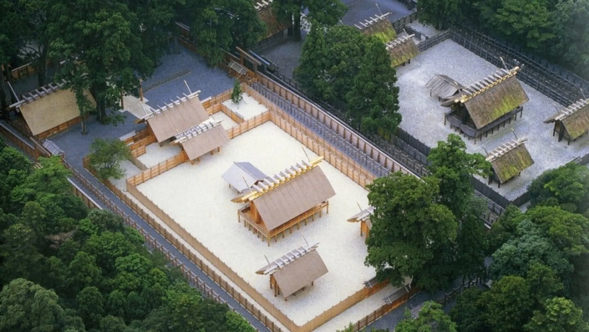 Aerial photograph of the construction if a new Ise shrine next to an old one