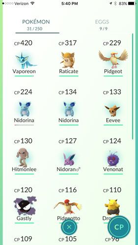 in-game screenshot of Pokemon list screen